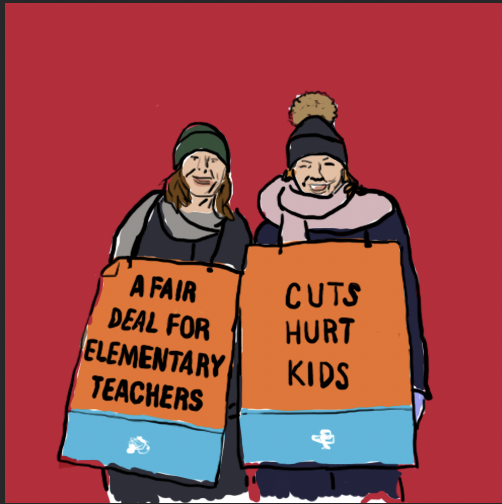 Drawing of teachers with picket signs reading: "A fair deal for elementary teachers" and "Cuts Hurt Kids".